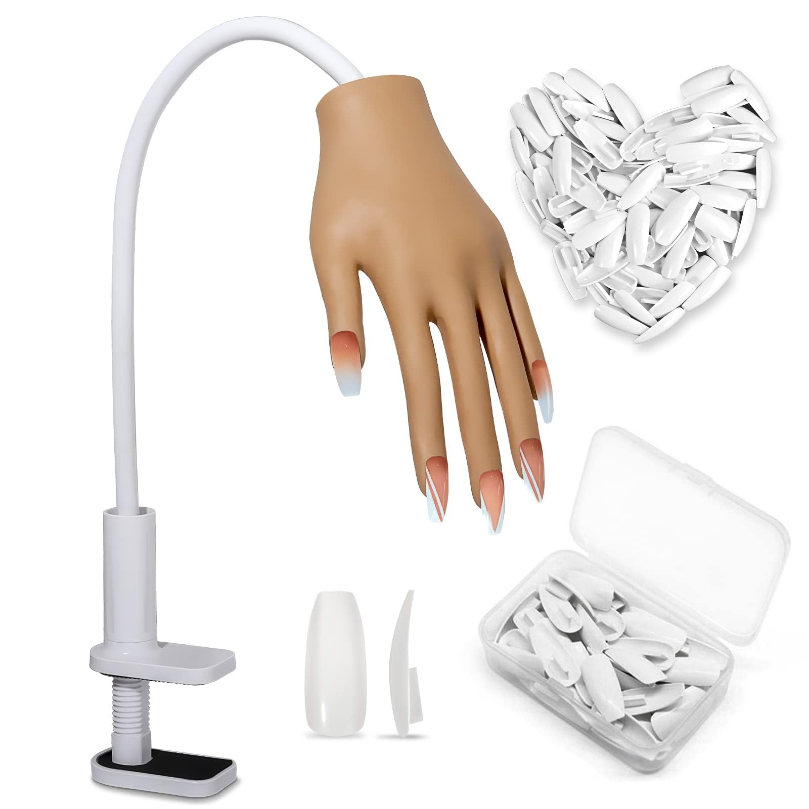 Practice Hand for Acrylic Nails, Flexible Movable Training Hand Nail Supplies for Manicure Practice with 100PCS Nail Tips, Silicone Nail Upgrade Tips Never Fall Off, Fingers Never Break (WB)-image-27