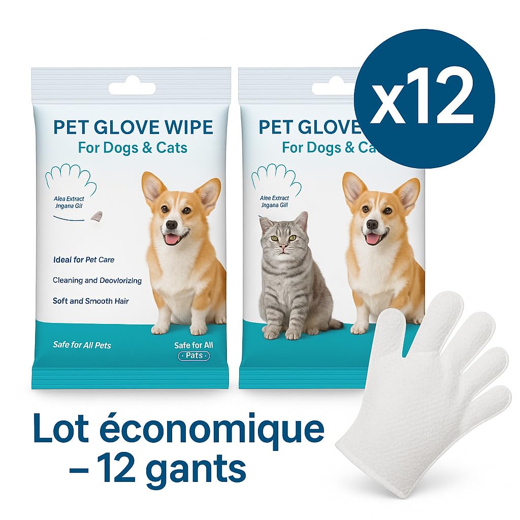 Gants Jetables Toilettage Chien Chat Petits Animaux domestiques – Lot de 12 | Gants Lavage sans Rinçage Hypoallergéniques à l’Aloé & Jojoba | Nettoie, Désodorise & Nourrit | sans Parfum – Forme Main