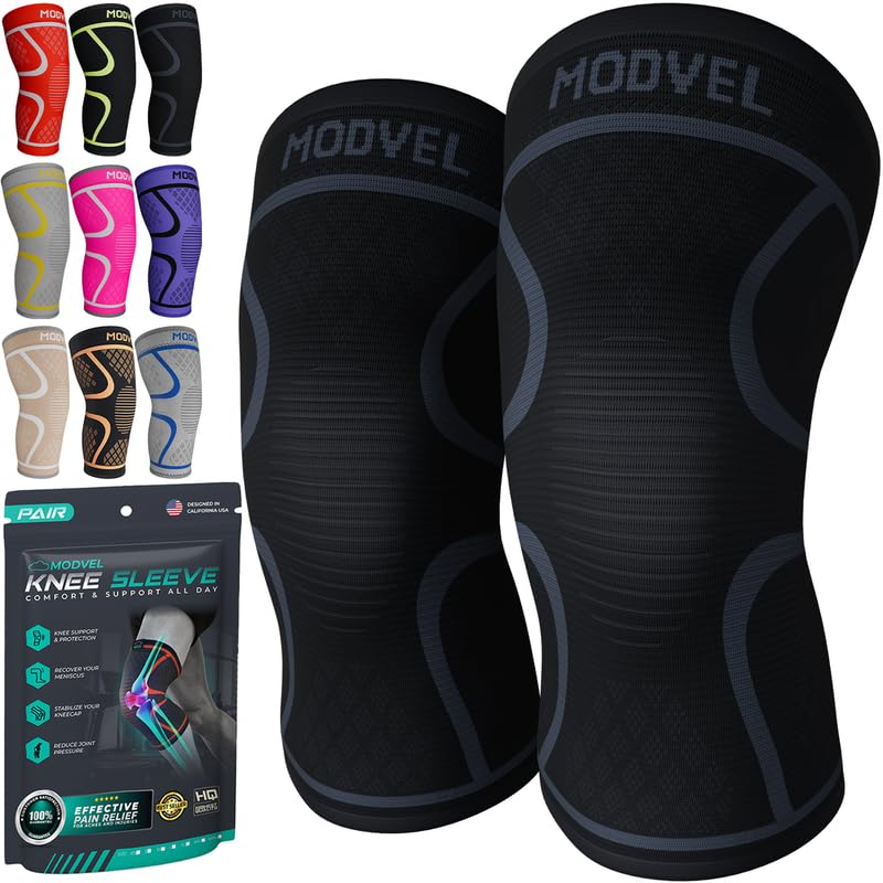 Modvel 2 Pack Knee Brace for Women & Men - Workout Knees Compression Sleeve for Knee Pain Relief Joint Support for ACL, Arthritis, Meniscus Tear Knees