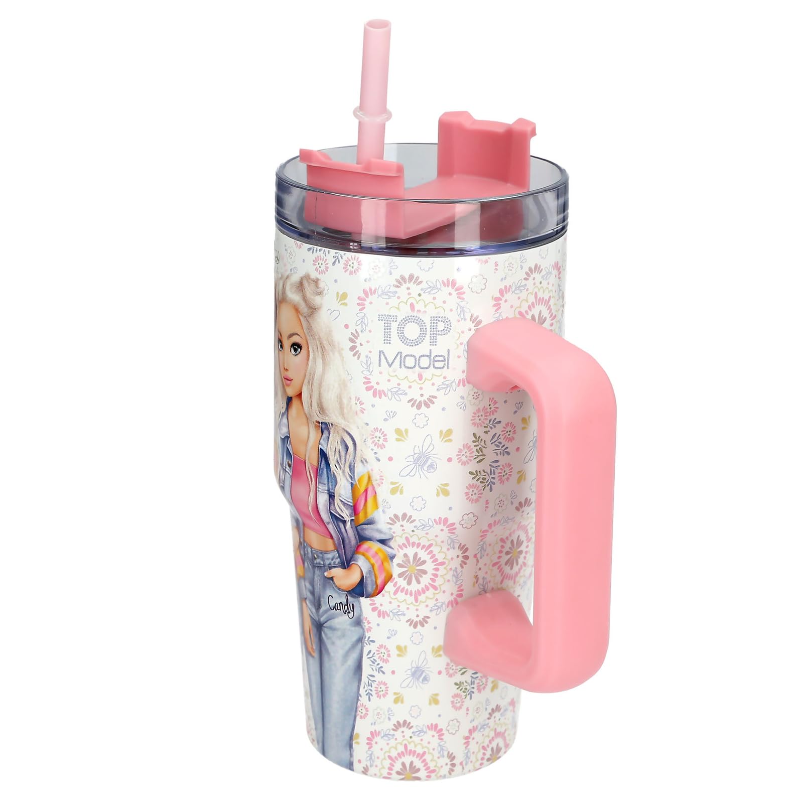 Depesche 14032 TOPModel Festival Fun - to-Go Becher aus Edelstahl, in Creme und Rosa, mit Model Motiv und Blumen-Muster, Getränkebecher mit Strohhalm, Isolierung und Griff, Fassungsv. Ca. 500 ml