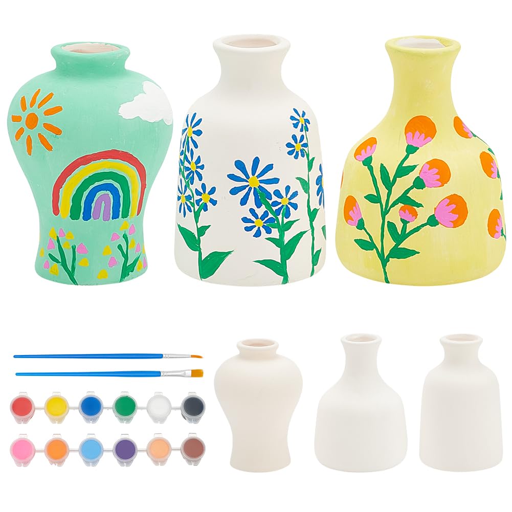 WEBEEDY 3 Styles Vase Pottery Painting Kit Paint Your Own Ceramic Pottery Unpainted Ceramic Flower Pots DIY Arts and Crafts Kit for Beginners Christmas Classroom Craft Gift Project Fun Home Acticity