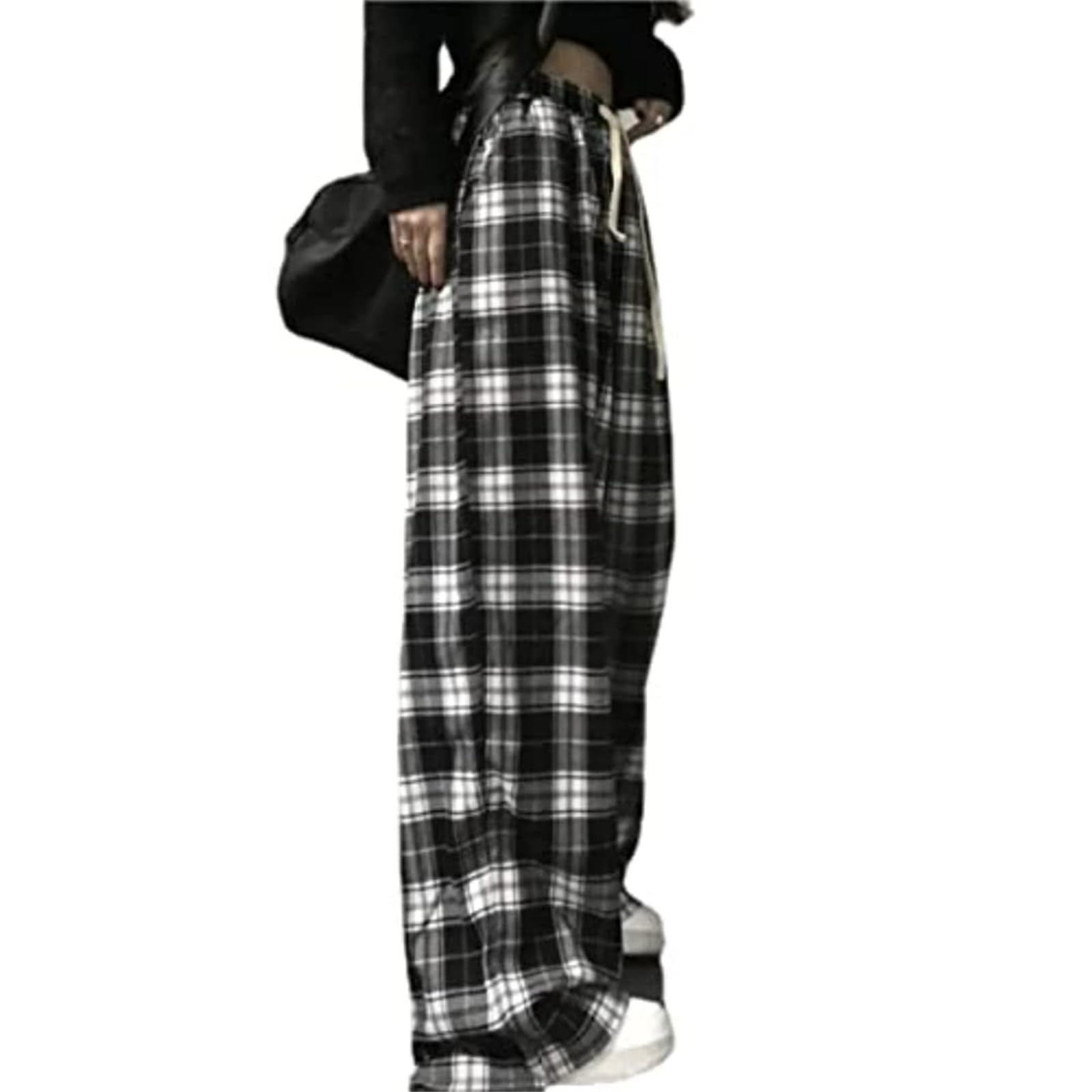 Womens Casual Plaid Baggy Pants High Waisted Goth Grunge Pant Y2K Clothes Drawstring Pants Streetwear