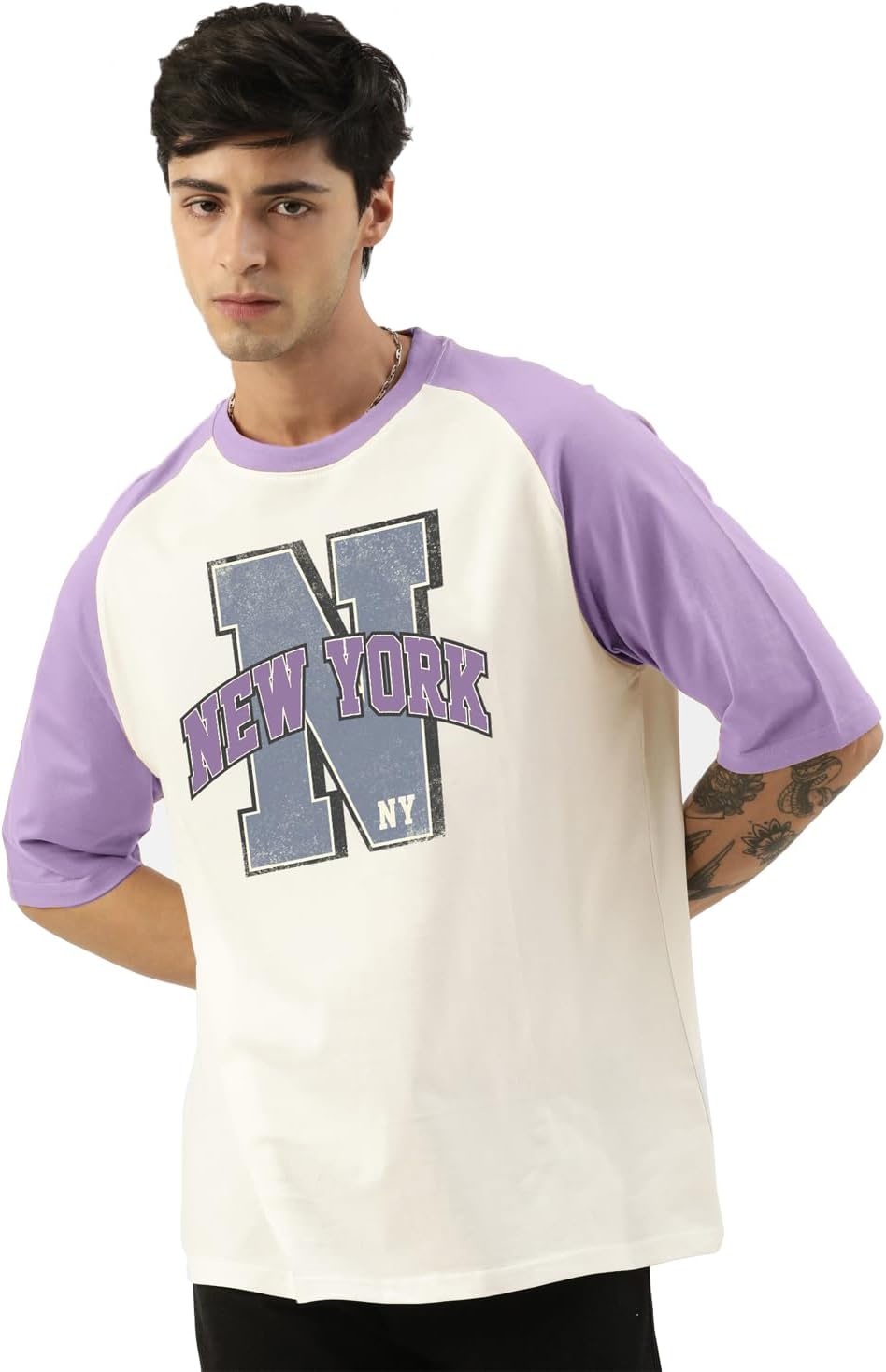 ManiacMens Printed Round Neck Raglan Half Sleeve Cotton Oversized Tshirt