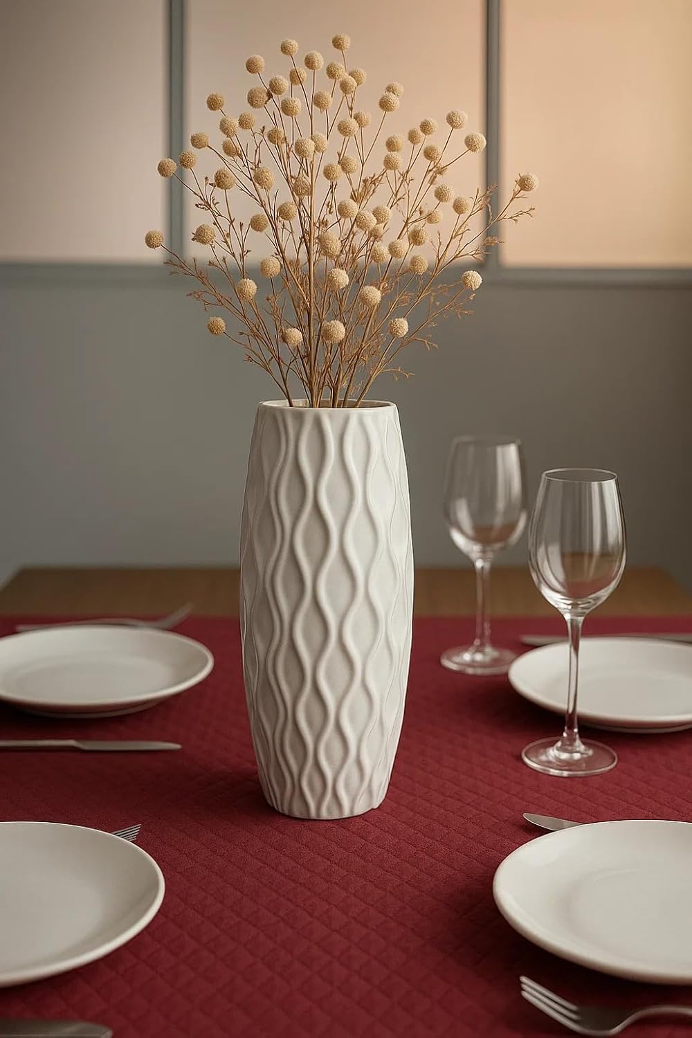 SPHINX Textured Ceramic Flower Vase for Home Decor | Modern White Decorative Table Vase for Pampas Grass, Dried Flowers & Artificial Stems | Tall Ribbed Centerpiece Vase for Living Room