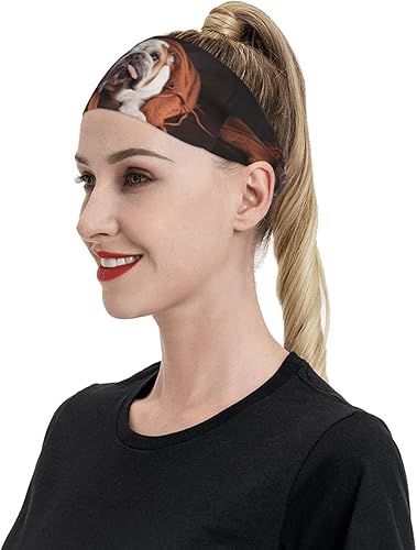 Miniatura 7 de Diademas de entrenamiento de perro Bulldog inglés marrón para mujeres y hombres, antideslizantes, diadema deportiva para correr, diademas anchas de