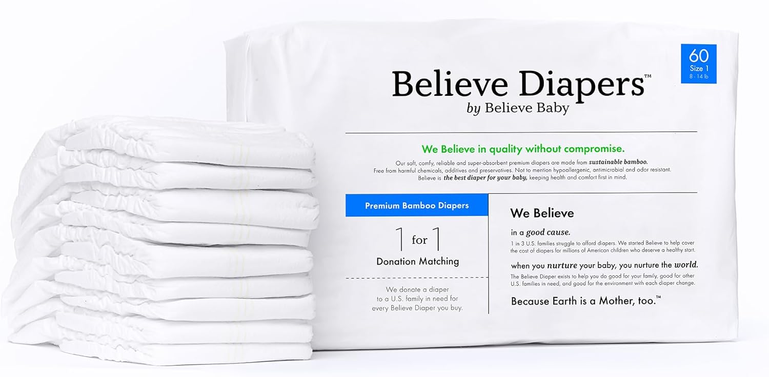 Believe Baby 100% Bamboo Viscose Baby Diapers Size 1 – Premium, Super-Absorbent, Hypoallergenic for Sensitive Skin, Chemical-Free, Unscented Diaper for Babies 8-14 lbs – 60 Ct