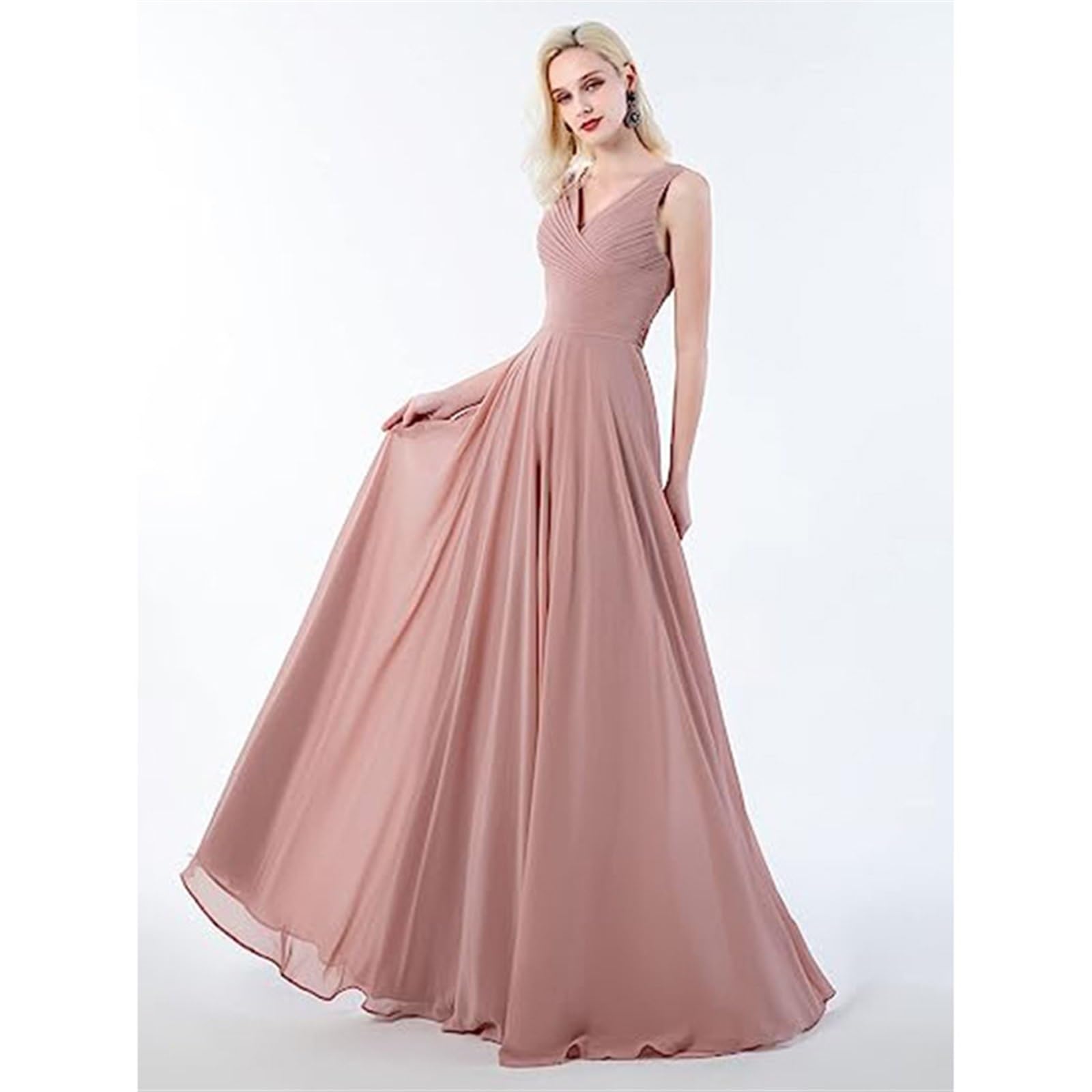 Vestidos de Dama de Honor for Mujer, Vestidos de Dama de Honor de Gasa con Cuello en V for Boda, Vestido Formal Largo de Cintura Alta for Bodas, Vestidos de Noche Fruncidos de línea A