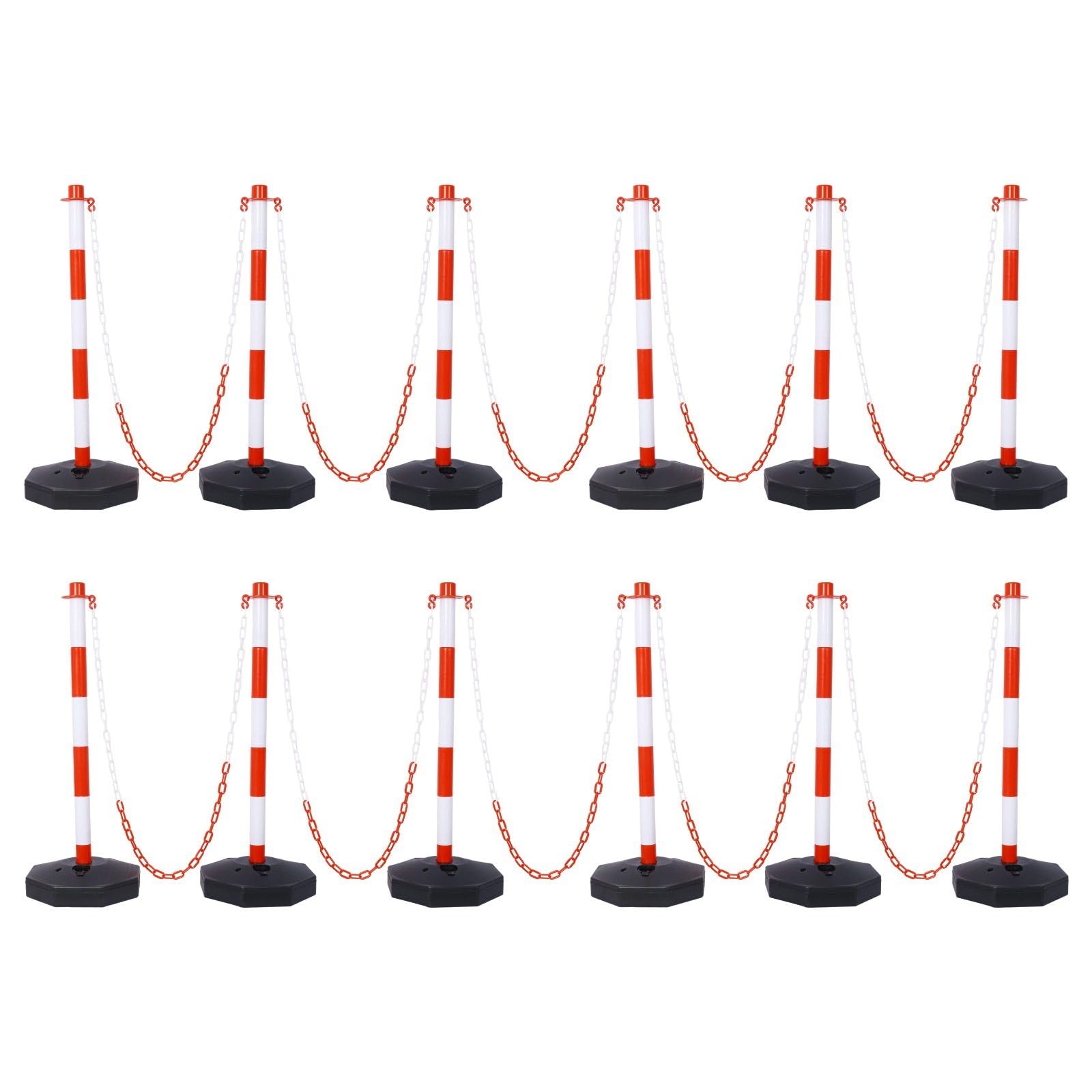 FRITHJILL 12 Pack Plastic Traffic Delineator Post with 5 FT Chains, Traffic Safety Delineator Cones with Fillable Base, Crowd Control Stanchion Set, Red