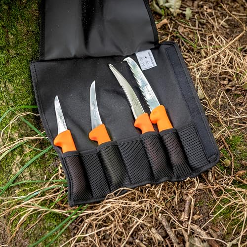 DICK Textil-Rolltasche \Jagd\ 4-tlg. (Maße 34,50 x 35,50 x 6 cm, mit Aufbrechmesser, Ringelmesser, Ausbeinmesser und Jagdknochensäge, Farbe Orange, Jagdmesserset) 82061000