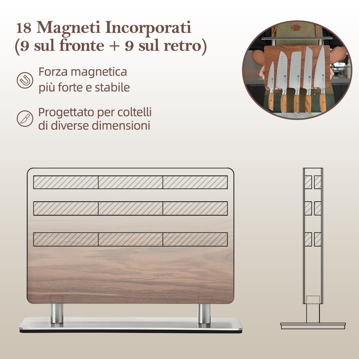 XINZUO Legno di Noce Porta Coltelli da Cucina -Ceppo Portacoltelli Doppio Lato Magnetico -Blocco per Coltelli Forte Accumulo Magnetico -Facile da Pulire -con Scatola Regalo