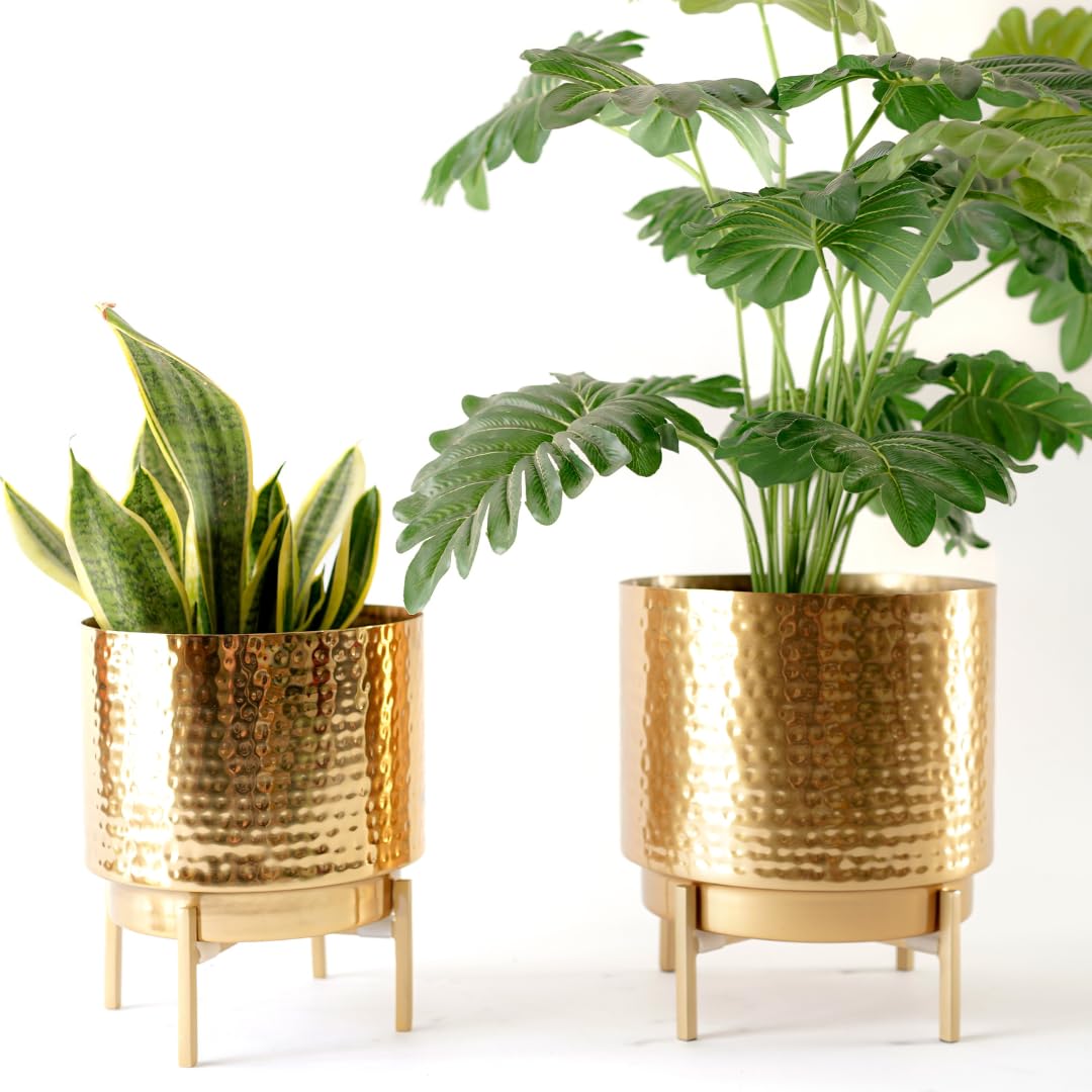 BEHOMA Hammered Gold Metal Indoor Planters Set - Set of 2 4