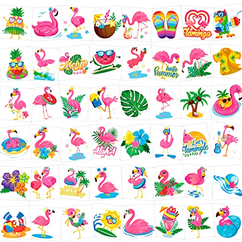 Howaf 96Pcs Summer Flamingo Temporary Tattoos For Kids, Flamingo Party Supplies Tattoos For Girls Hawaii Party Decorations, Hawaiian Tropical Summer Fake Tattoo Stickers For Flamingo Themed Goodie Bags Fillers #TOP15