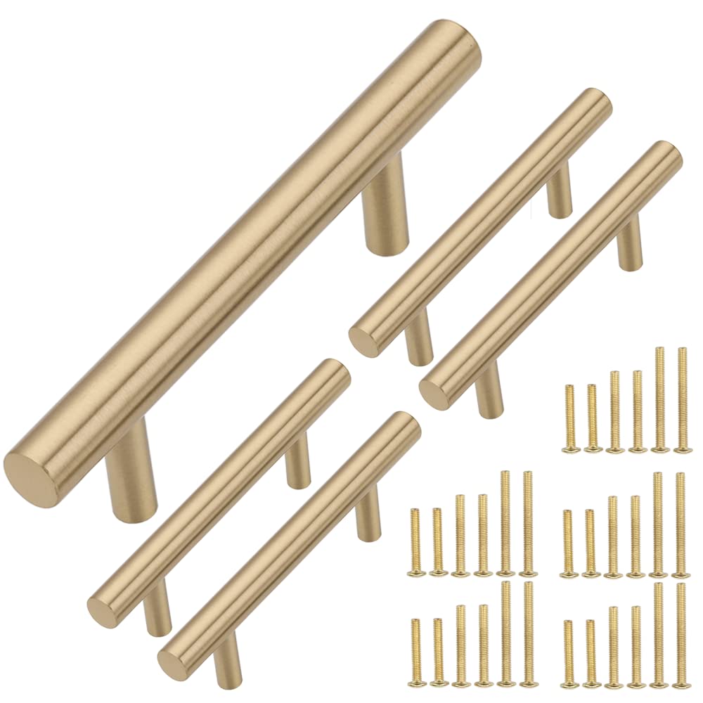 LAIGOO5 Pack Brushed Gold Cabinet Pulls, Solid Brass, 3 Inch Hole Centers, 4.92 Inch Length, Modern Drawer Pulls Kitchen Cabinet Hardware Cupboard Handles