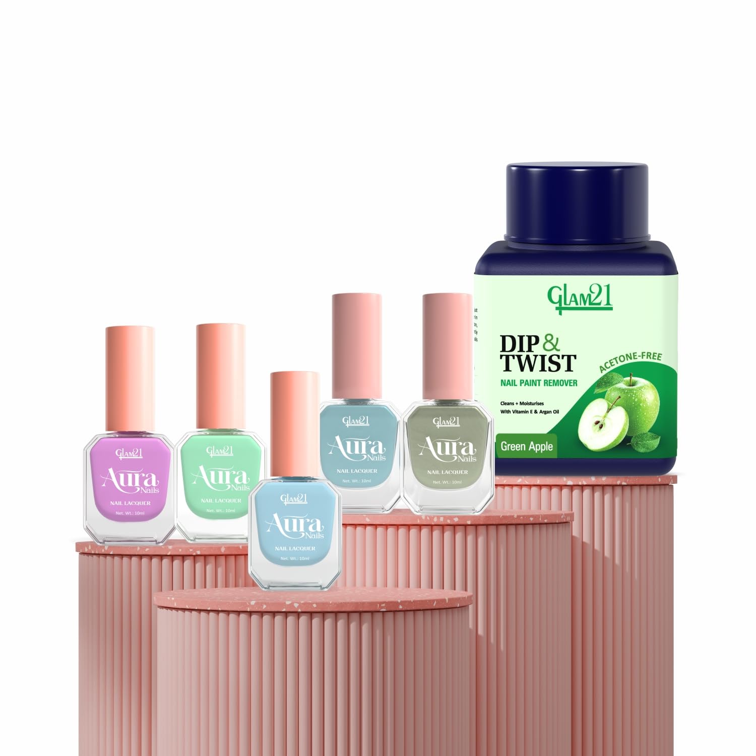 Glam21 Nail Care Combo | Aura Nails Nail Lacquer Pack of 5 + Dip & Twist Nail Polish Remover | Quick-Dry, High-Shine, Chip-Resistant Nail Colors | Acetone-Free with Argan Oil & Vitamin E | 80ml (Lavender Love,Mint Blast,Baby Blue,Opal Haze,Misty Glimmer&Green Apple ( Remover))-image-44