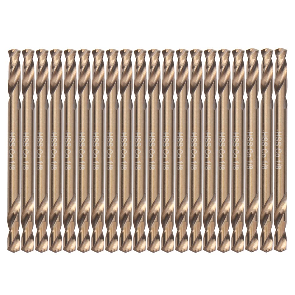 1/8" Cobalt Drill Bits(20PCS), M35 HSSCO High Speed Steel Double Ends Stubby Body Twist Drill Bit Set for Hardened Metal, Stainless Steel, Cast Iron, Plastic and Wood