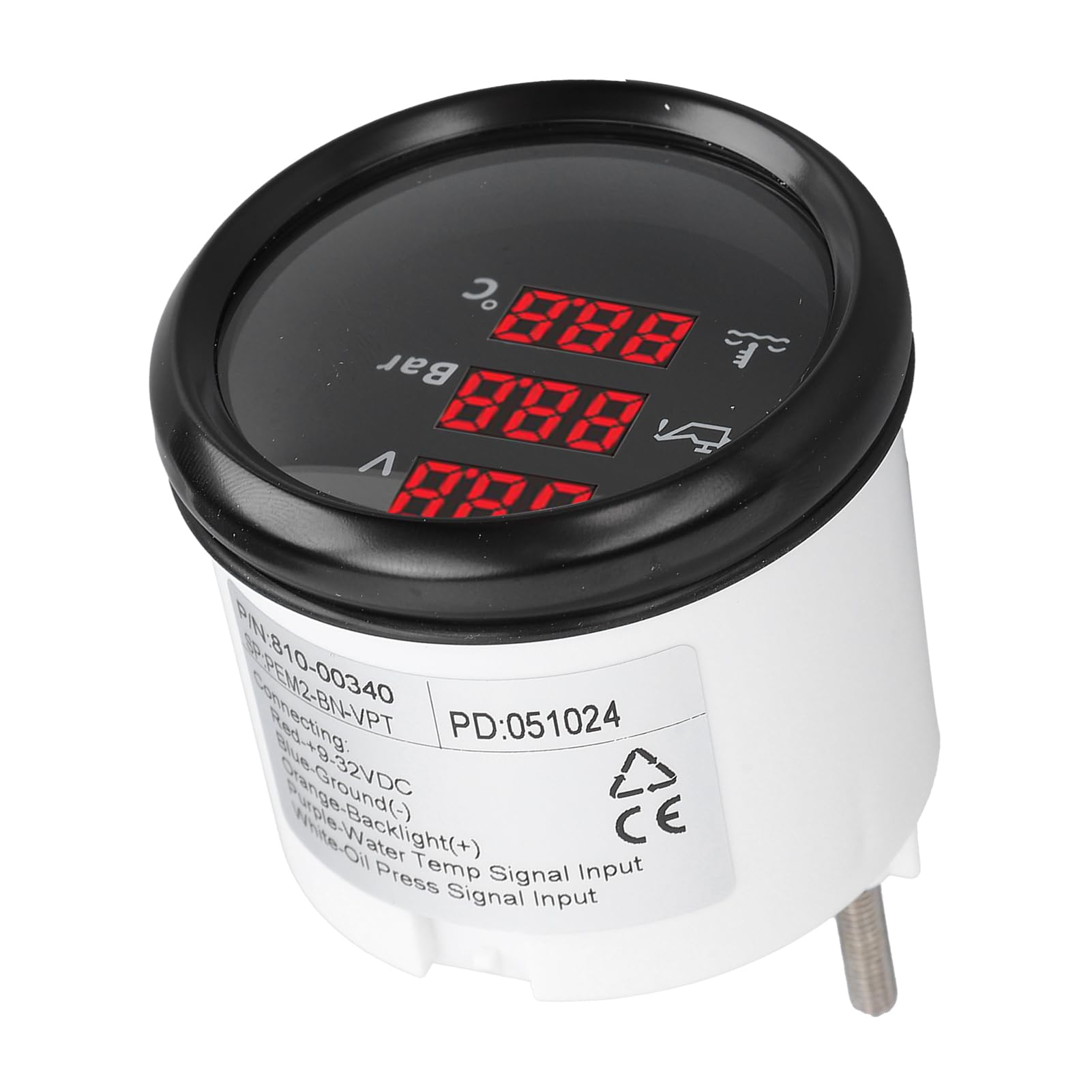 Indicatore Temperatura Acqua Pressione Olio Tensione 52mm Retroilluminazione Rossa Misuratore Digitale Impermeabile Yacht RV 9-32VDC (Quadrante nero lunetta nera)