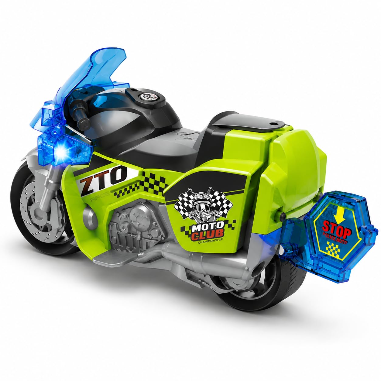 Moto de juguete con luces de sonido real, música, mega-moto, luces LED y sonidos, 27 cm, movimiento con ruedas libres, pilas incluidas, motor deportivo, motoclub, multifunción, con compartimento para