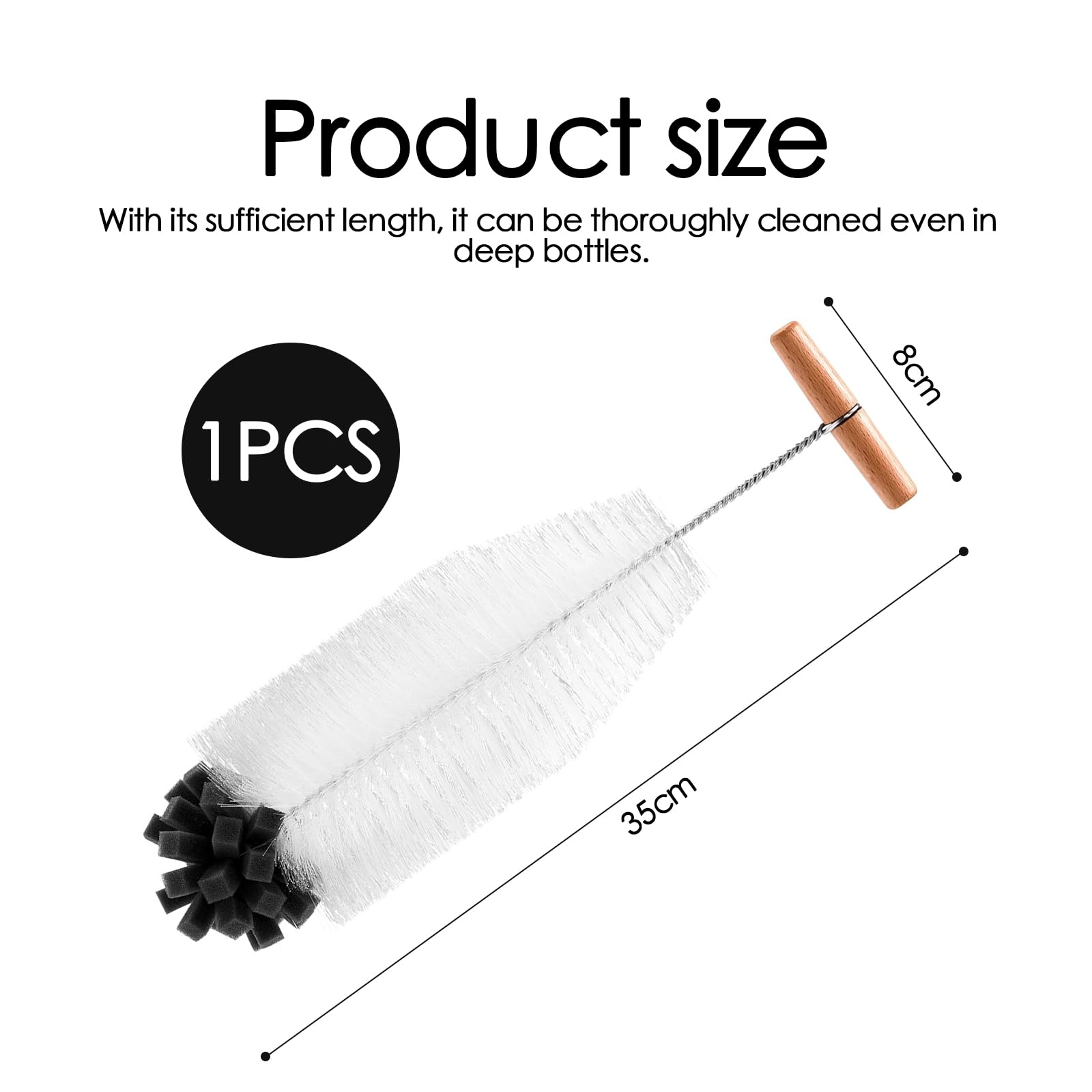 Cepillo para botellas, 35 cm, cepillo para botella compatible con SodaStream, limpieza profunda vidrio/biberón, escoba angular antiarañazos con mango de madera, cepillo denso para suciedad obstinada