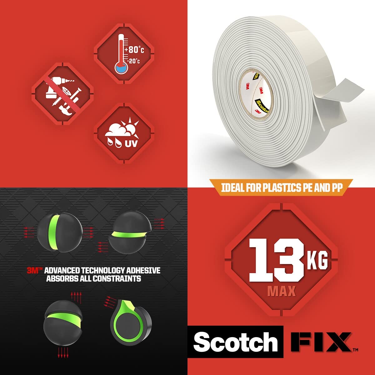 Scotch-Fix Extreme Interior Double Sided Mounting Tape, 19mmx 5m - for Indoor Extreme Use, Works on Hard Plastics, Metal, Painted Surfaces and Wood - Holds up to 13kg
