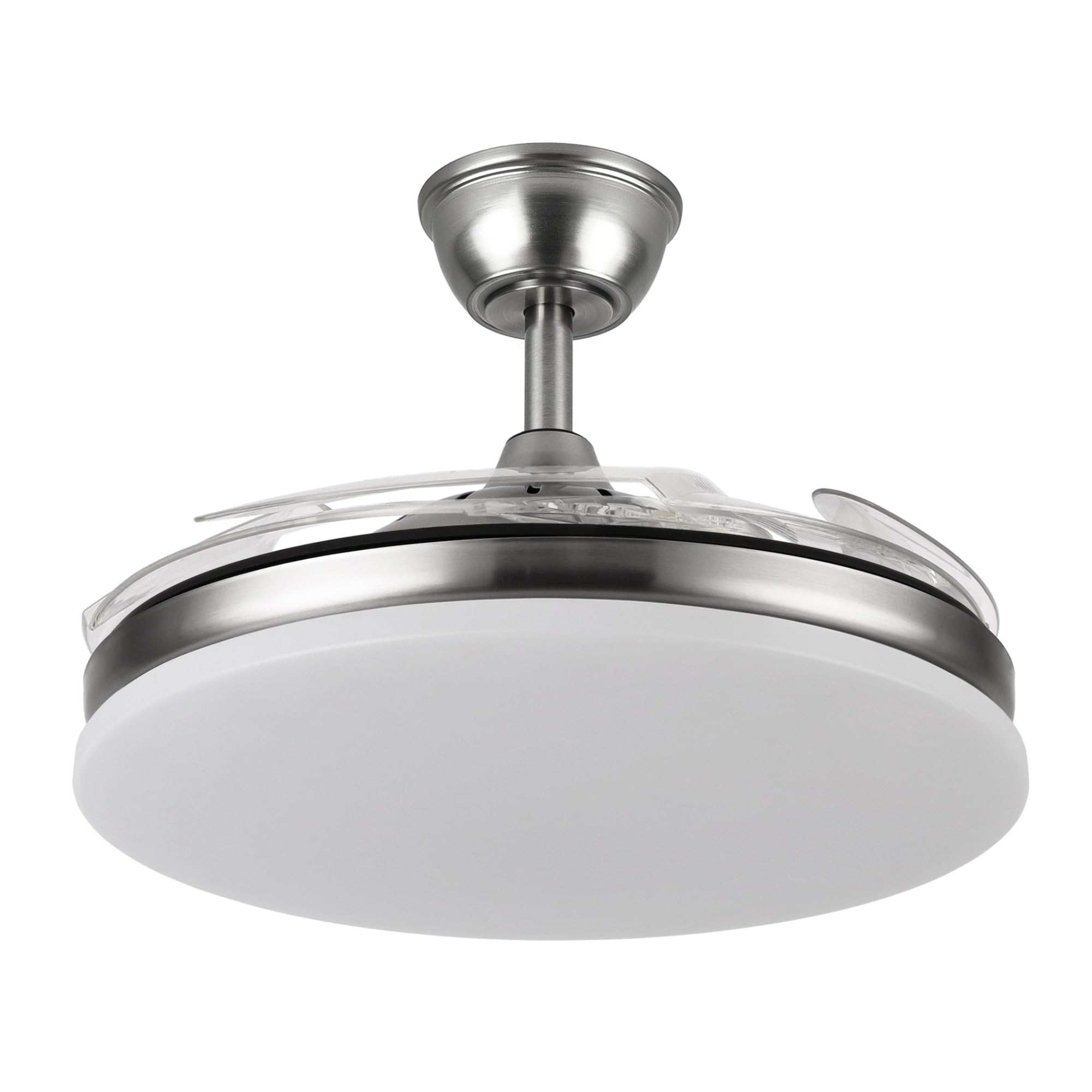 Yatek KALA Wentylator Sufitowy LED Nikiel, chowane przezroczyste łopatki, cichy silnik DC, pilot, ściemniane światło 59 W, 6980 lm, 6 prędkości, funkcja lato/zima, Ø 107 cm