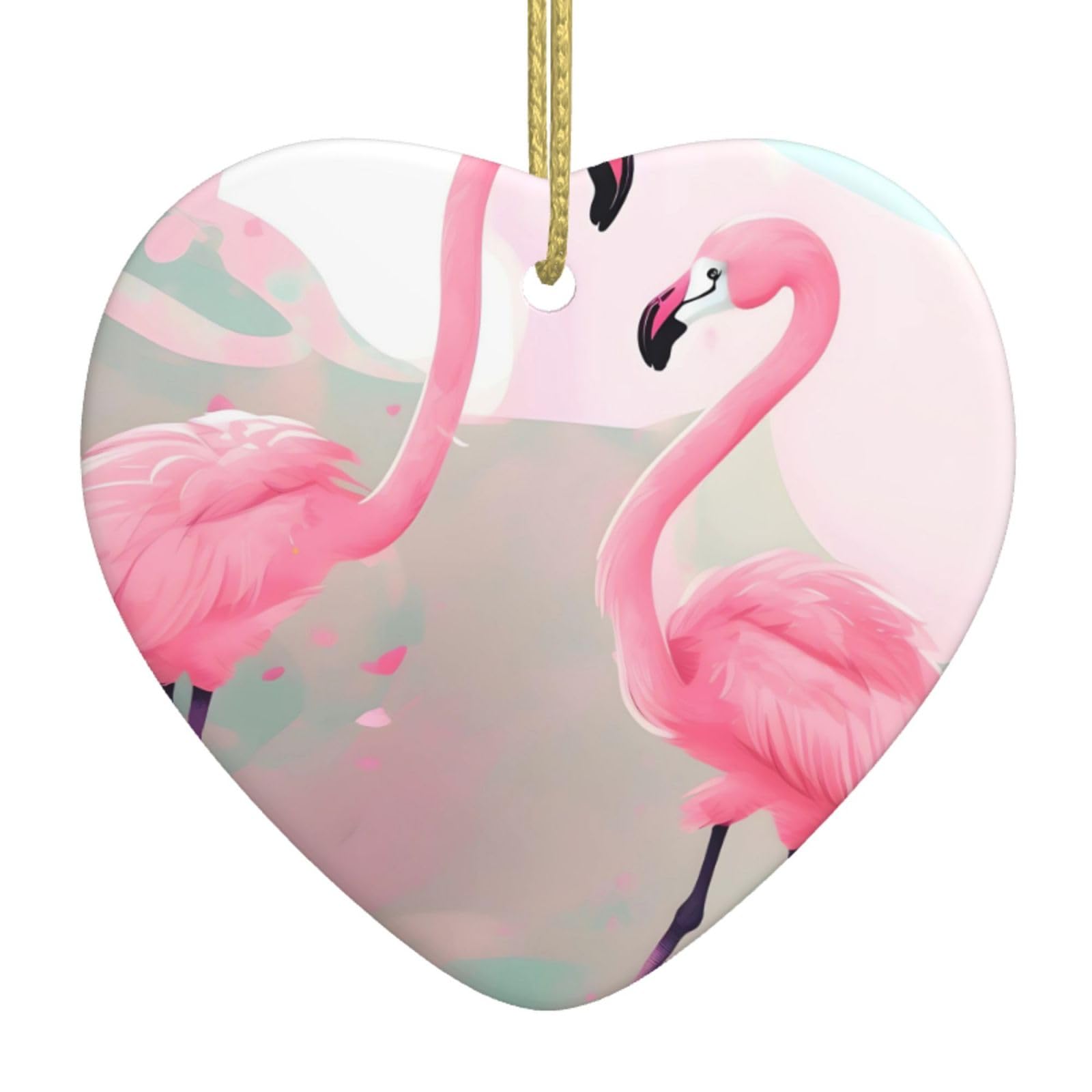 Love Flamingo Ceramic Christmas Heart Pendant with Silk Thread, Christmas Tree Home Decoration