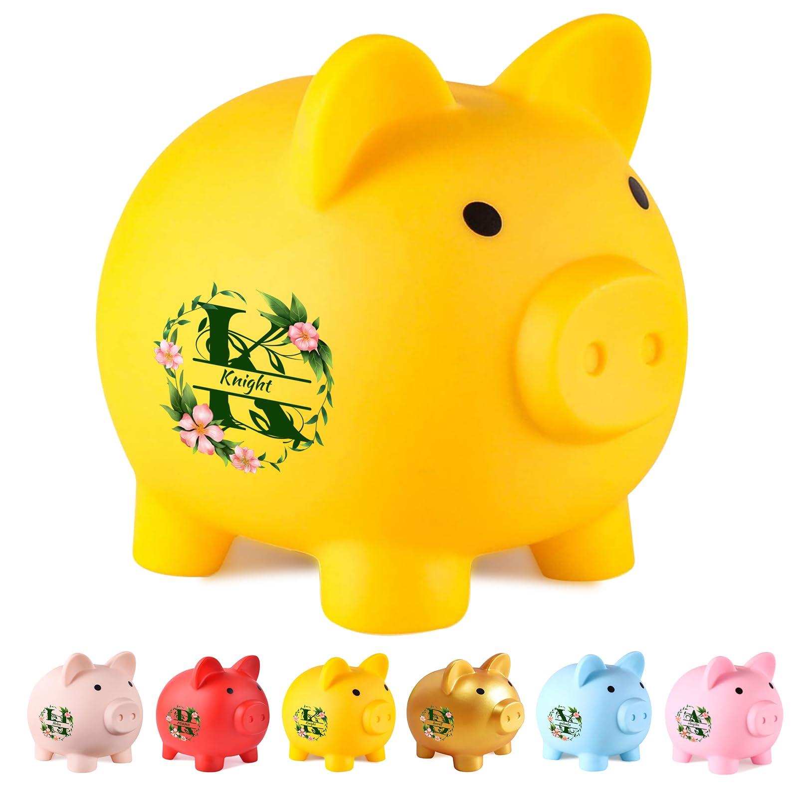 Personalized Name Piggy Bank, Cute Piggy Shape Small Piggy Bank for Children,Silicone Unbreakable,Colorful Wreath Letter Design