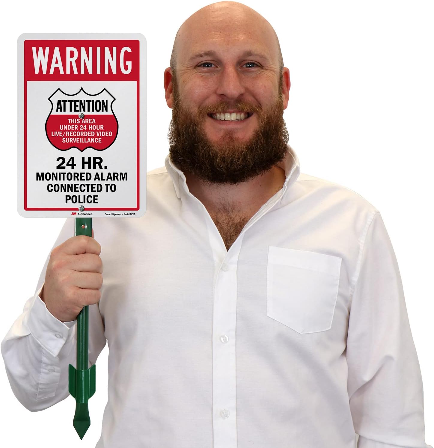 SmartSign 10" x 7" 'Warning - Area Under Surveillance, 24 HR Monitored Alarm' Yard Sign with 18 inch Stake, 40 mil Laminated Engineer Grade Reflective Aluminum, Red/Black on White, USA-Made