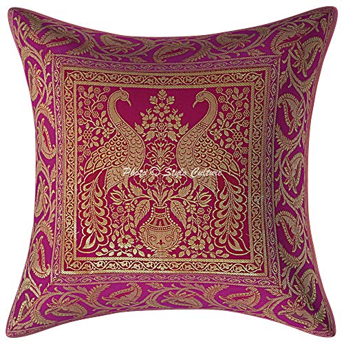 Image of Decorative Brocade Cushion Cover 16x16 Inch Banarasi Jacquard Weave Magenta & Gold Living Room Decor Peacock Traditional Square 40x40 cm Zippered Sofa Settee Pillowcase -1 Pc