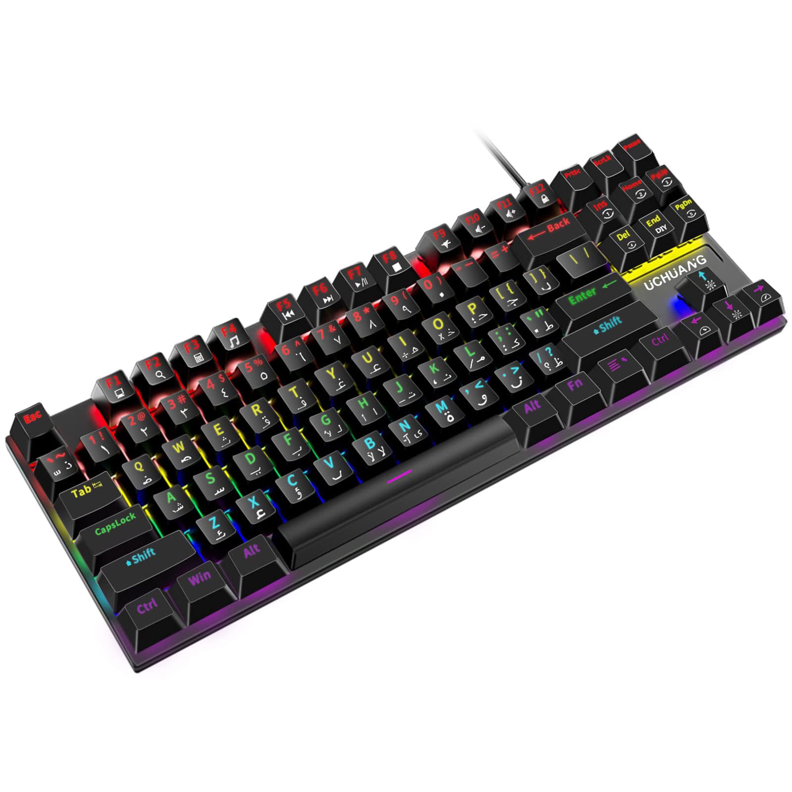 UCHUANG English Arabic Mechanical Gaming Keyboard with RGB LED Rainbow Backlit, Quick Response USB Wired Waterproof 87 Keys Keyboard for Windows/MacOS/Android PC Gamers - Black/Red Switch