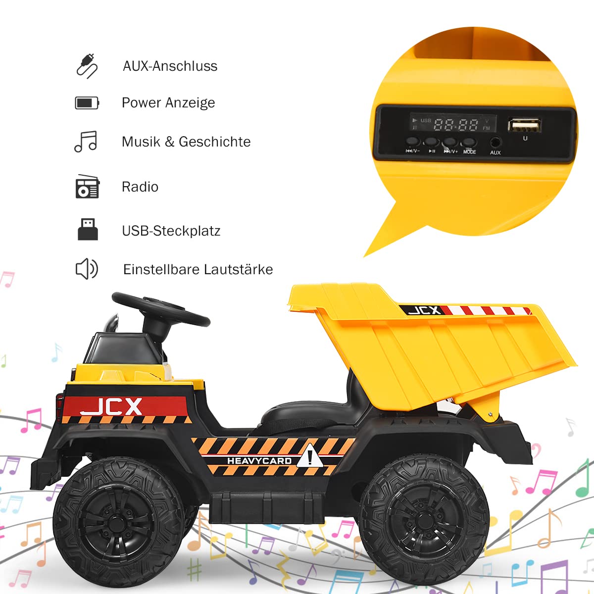 COSTWAY 12V Kinder Traktor mit elektrischen Heckschaufel, 3-Gang Aufsitztraktor mit 2,4G-Fernbedienung, Lichtern, Musik und Radio, Elektrotraktor 3-5 km/h für Kinder von 3-8 Jahren