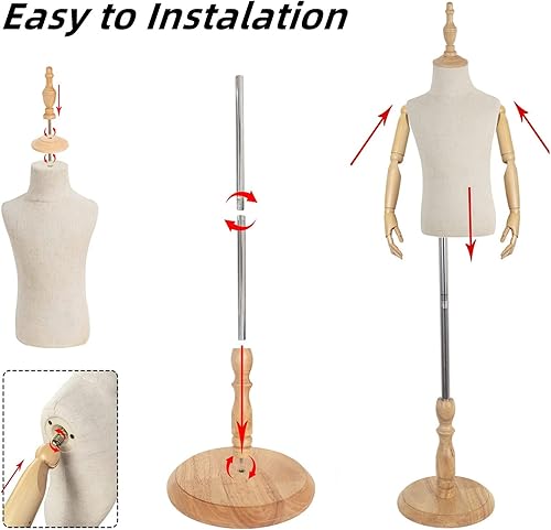 Miniatura 4 de Forma de vestido con brazos de madera, maniquí de torso y cuerpo y busto, maniki para ropa, bufanda, escaparate, tienda, 2-3 años