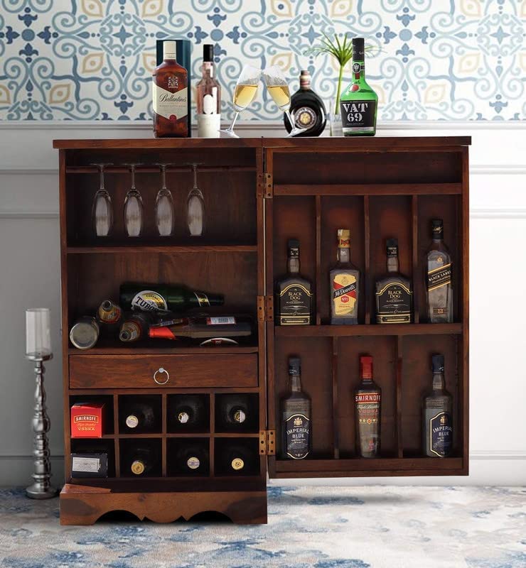 Solid Wood Bar Cabinet with Wine Glass Storage, Sheesham Wood Liquor Storage Unit, Traditional Style Home Bar with Bottle Compartments, Dark Brown Finish-picture-10