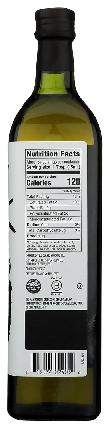 Chosen Foods Organic Avocado Oil, 33.8 Fl Oz - All Purpose Cooking Oil made from 100% Pure Avocados - Non-GMO, Gluten-Free, Keto Friendly, Glyphosate Free - 1 Liter (Pack Of 1)