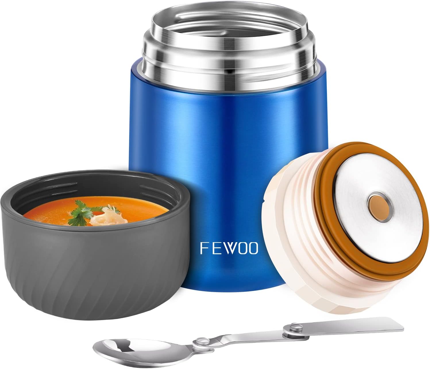 FEWOOFood Jar - 20oz Vacuum Insulated Soup Container, Stainless Steel Lunch Box for Kids Adult, with Folding Spoon for Hot or Cold Food (Bright Blue)