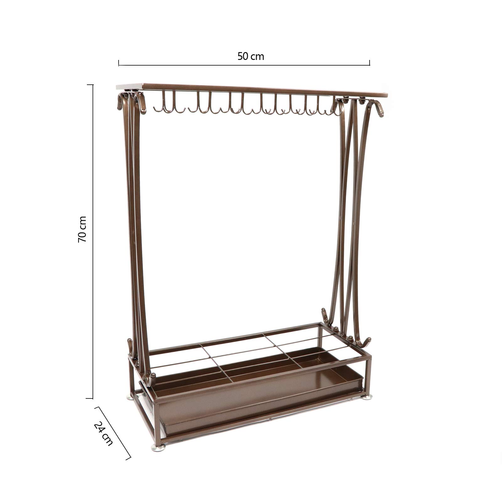 U-22 Extra Large Metal Bronze 21 Agujeros Estilo Rectángulo Paragüero Soporte de Bastón con 24 Ganchos y un Fondo Libre de Agua de Lluvia Bandeja de Fuga 70 * 50 * 24 CM