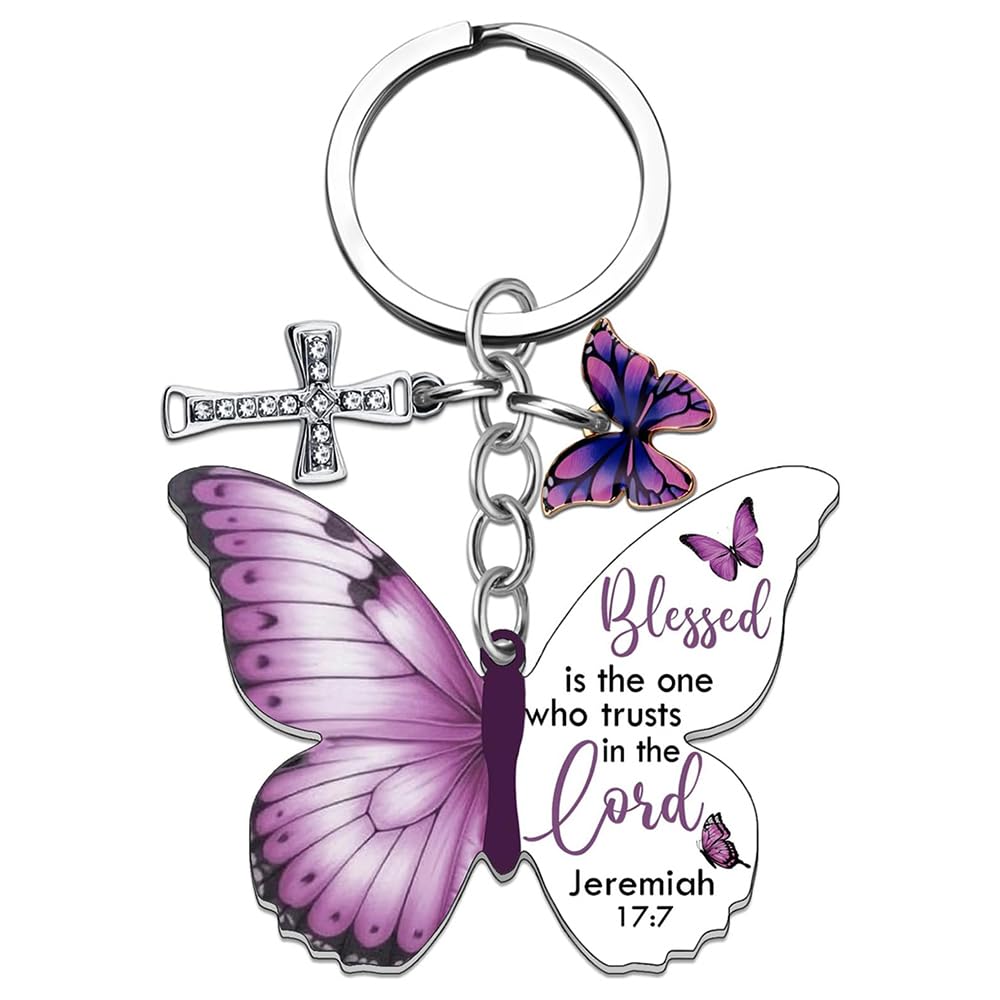 Rohxyzo Unisex White Inspirational Christian Gifts For Women, Cross & Butterfly Keychain, Religious Keepsake With Bible Verse - Baptism Gifts For Friends
