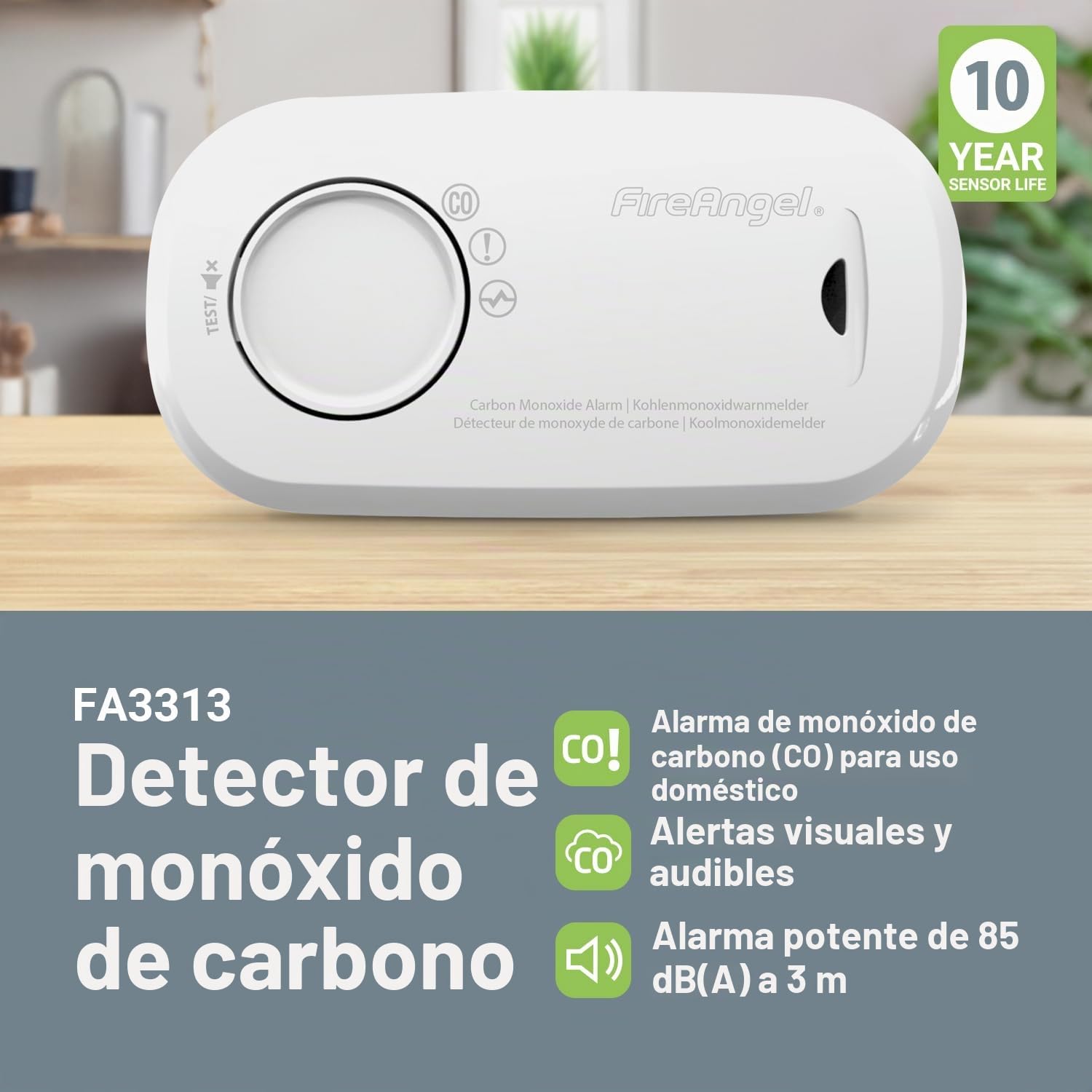 FireAngel Detector de Monóxido de Carbono con Sensor – Alarma de CO Portátil para Hogar y Vacaciones - Monitorea Monóxido Carbono - FA3313, Blanco