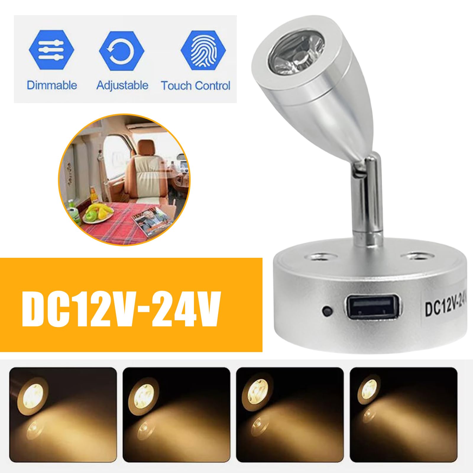 Lampes LED 12 V pour camping-car 12 V - Intensité variable - Lampe de lecture 12 V - Avec port de charge USB - Lampe de caravane - Interrupteur tactile 3200 K - Pour caravane, voiture, camping-car