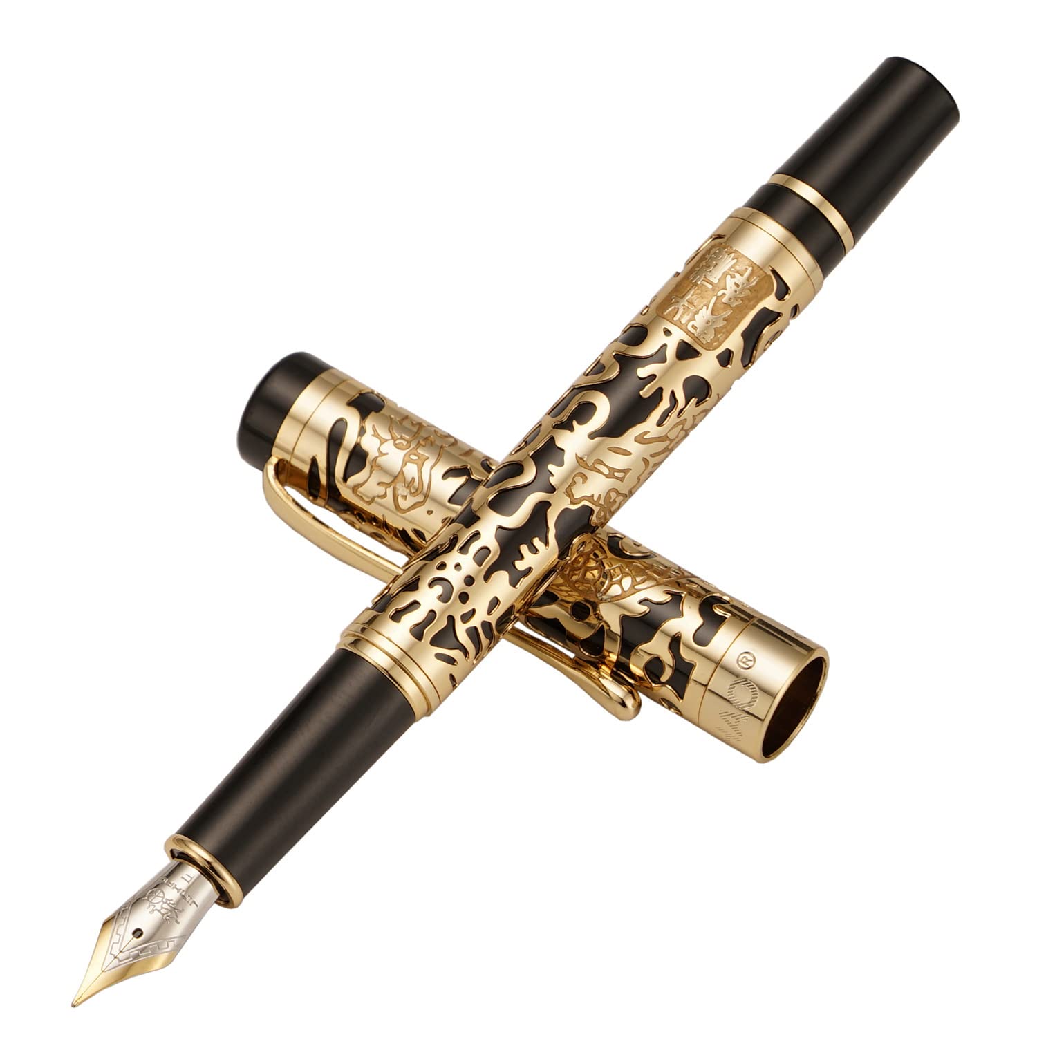 Vintage Jinhao 5000 Metal Fude Pen, Bent Nib Calligraphy Fountain Pen (Fine to Broad) Advanced Beautiful Dragon Texture Carving - Golden Black