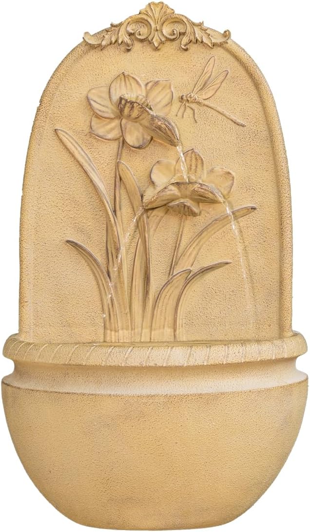 XBrand 31" in H Outdoor Wall Water Fountain with Pump- Khaki Flower with Dragonfly Design with Mesh Guard