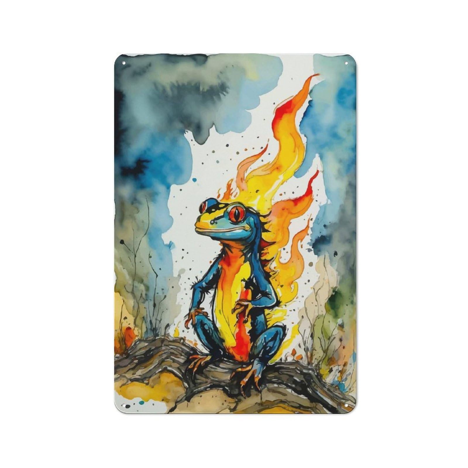 Junmoney Fire Frog Watercolor Vintage Metal Wall Sign 30X20cm For Café Or Restaurant, For Metal Sign Collectors, For Garage And Workshop Walls
