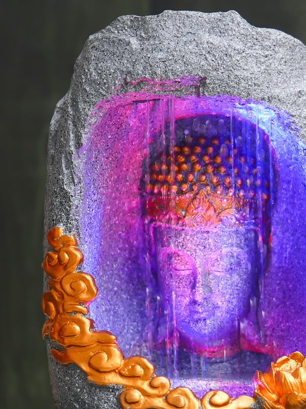 Image of Polyresin Tabletop Grey Meditating Buddha Sitting in Cave Style Indoor Front Curtain Waterfall Fountain for Home Decor with LED Light, Speed Controller Pump (Size: 40 x 22 x 29.5CM)