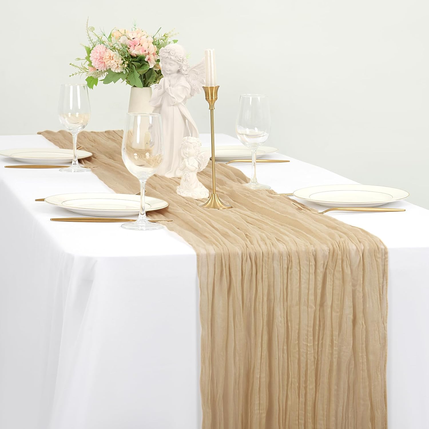 12 Pack 35x120 Inch Cheesecloth Table Runner Beige Gauze Table Runner 10FT Boho Cheese Cloth Table Runners Bulk Cream Table Runners for Wedding Party Baby Shower Table Decor