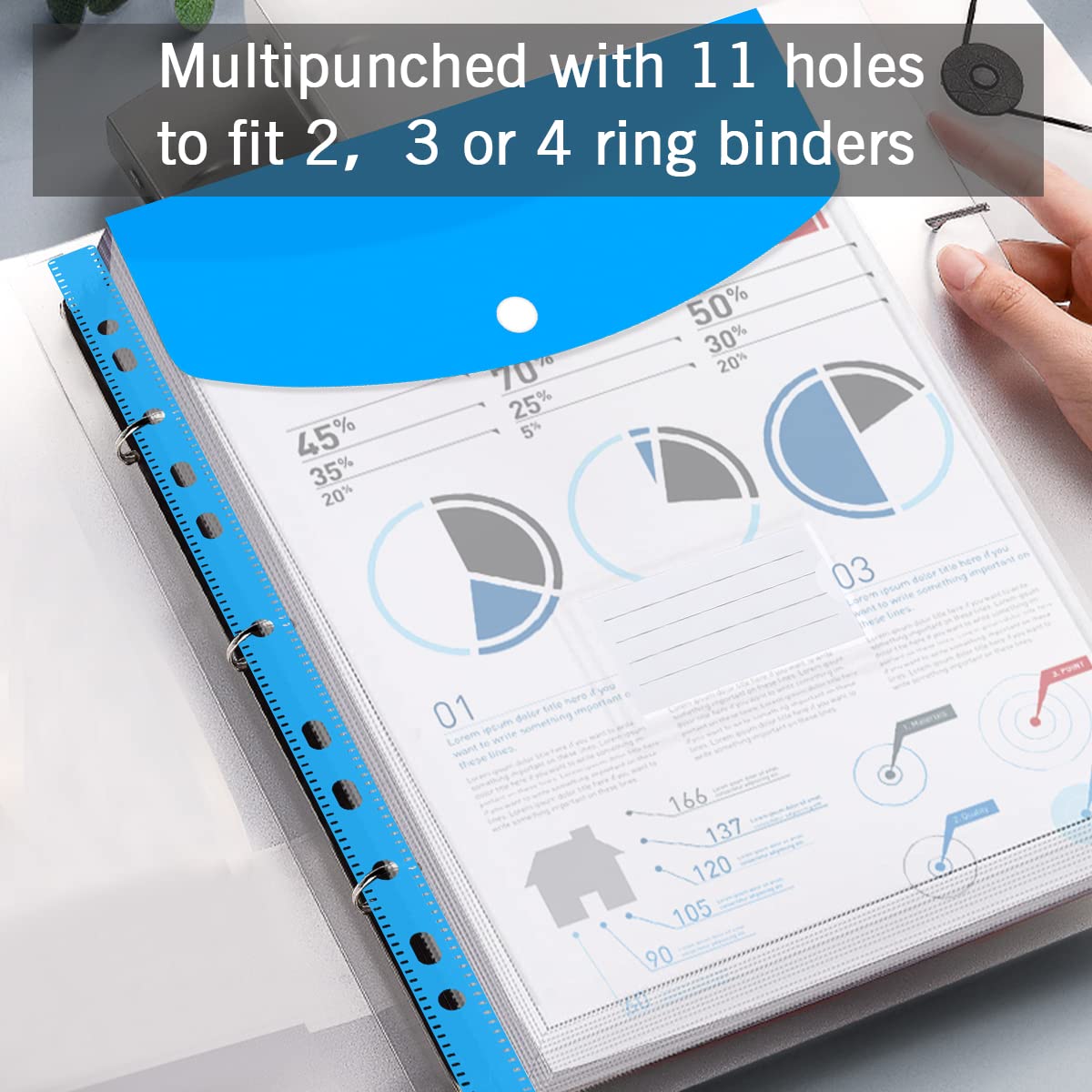 12 Pochettes Plastiques A4 Perforées - Transparentes, Avec Fermeture à Pression - Compatible Classeur 2 à 4 Anneaux