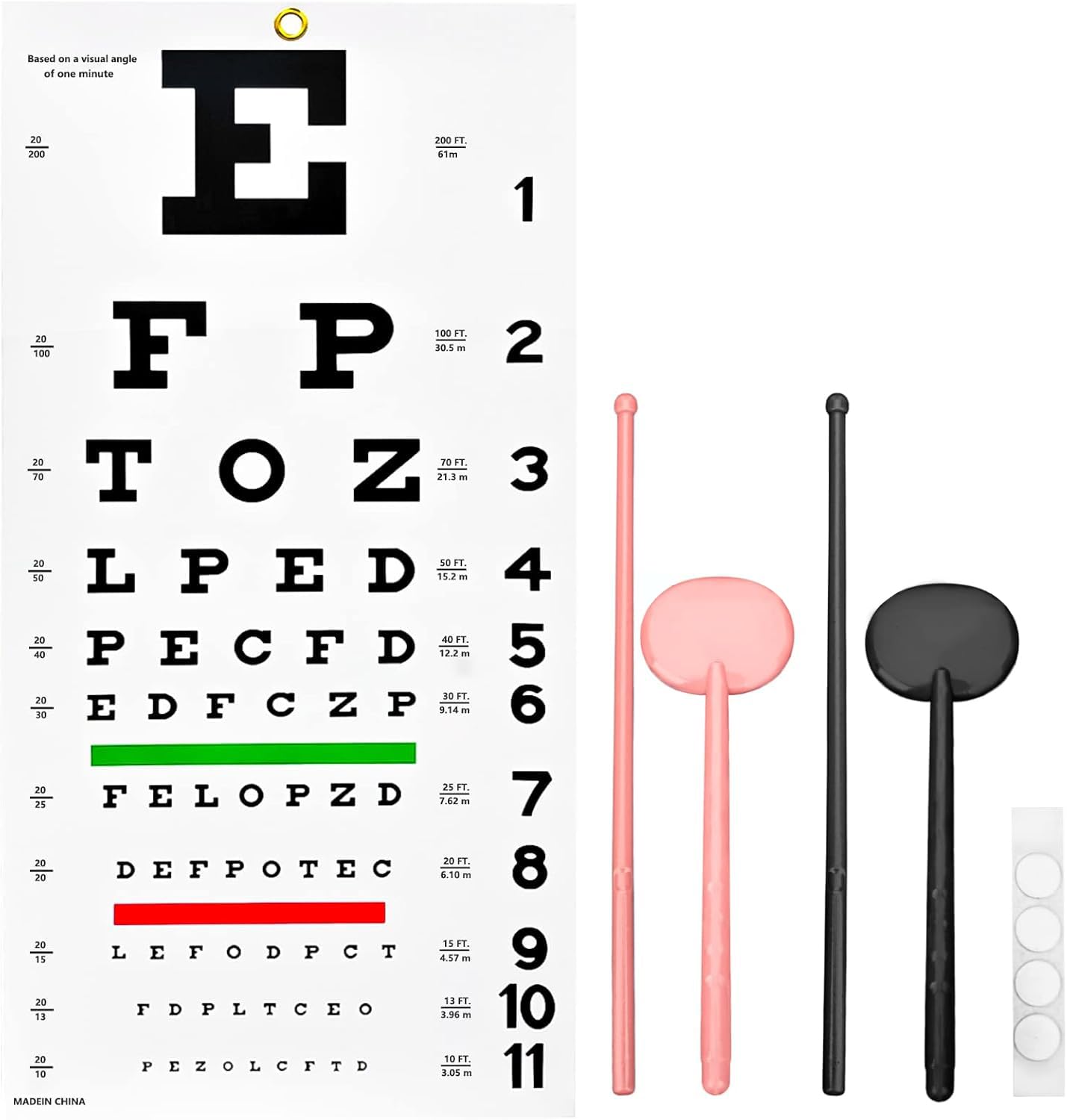 Complete Snellen Eye Exam Kit Standard 20 Feet Snellen Eye Chart 22x11 inch with 2 Pack Cute Eye Occluder Set White