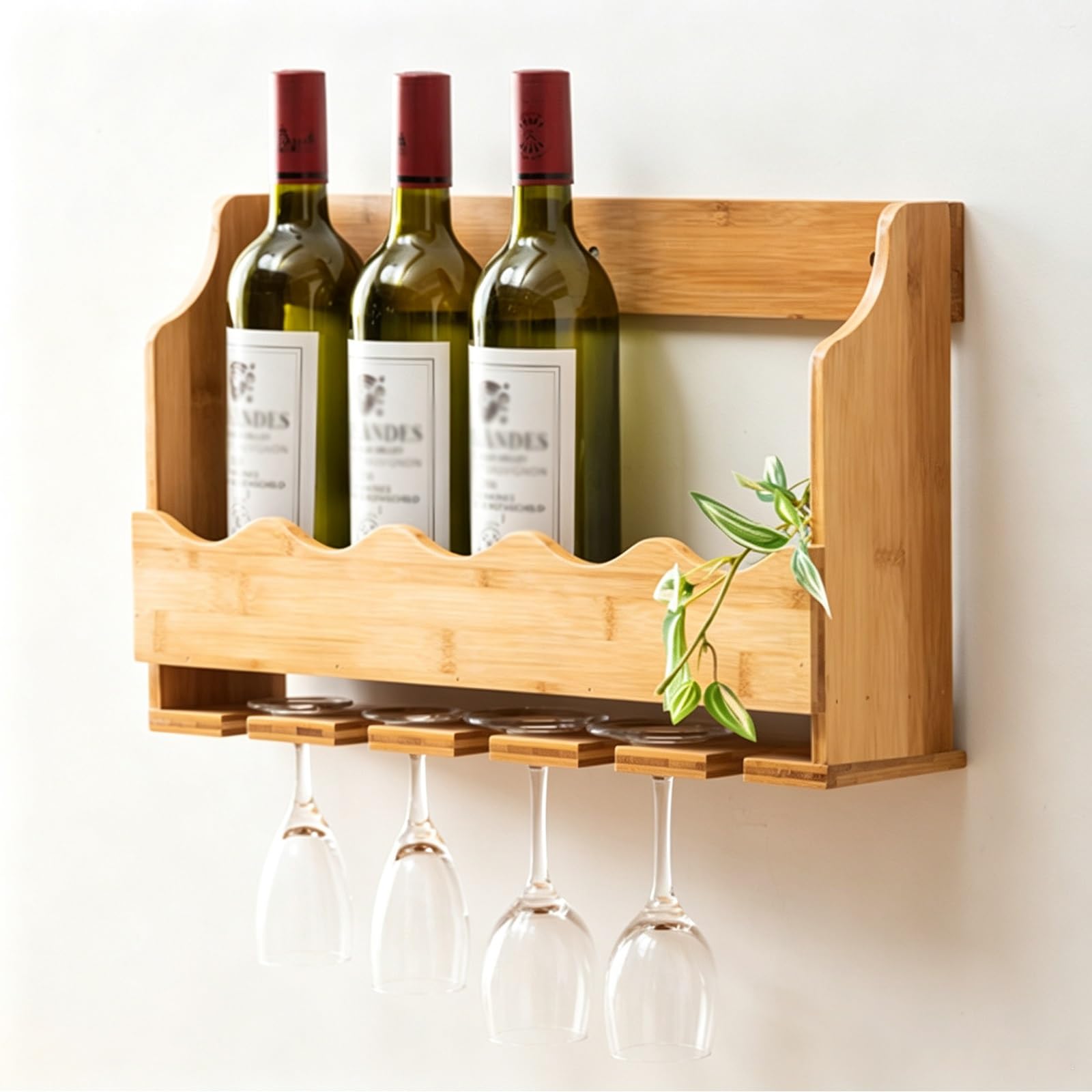 Ścienny Stojak na Wino z Bambusa, Wieszak na Kieliszki Winne | Ścienny Stojak Bambusowy, Zabezpieczenie Przed Upadkiem, Wieszaki na Kieliszki, Komplet Osprzętu(Wood color)