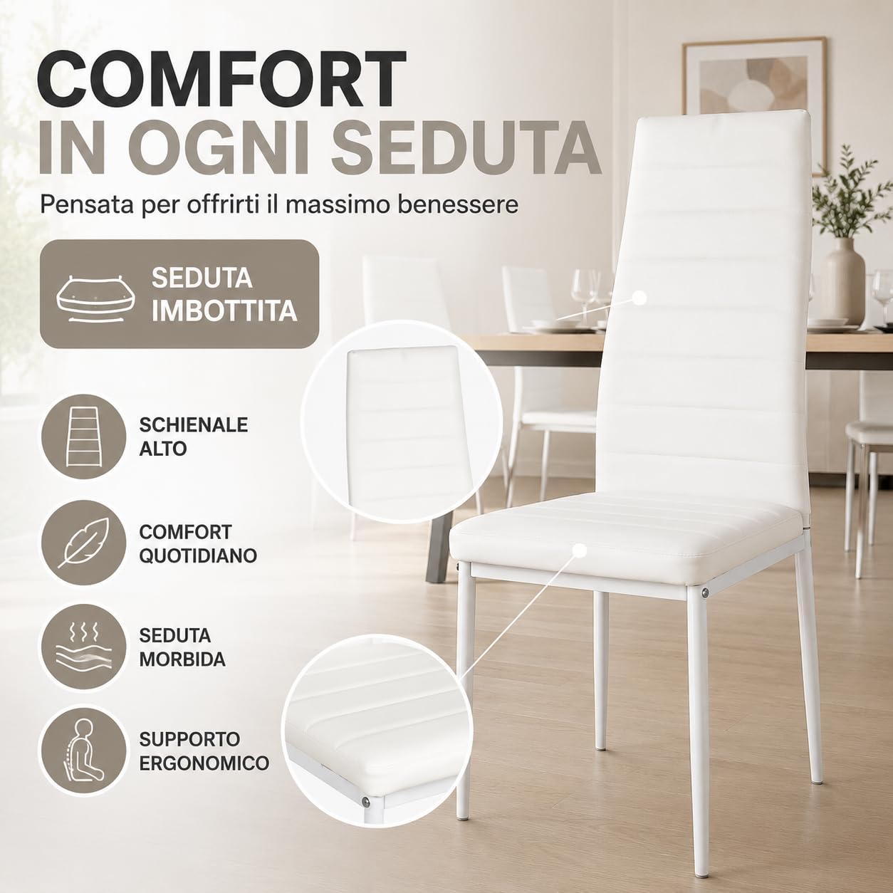 IlGruppone Set Sedie da Pranzo 4 o 6 Pezzi, Sedie Moderne Imbottite per Cucina Soggiorno Sala da Pranzo, Facile Montaggio con Gambe Robuste, Rivestimento in Pelle Sintetica - Beige - 4 Pezzi