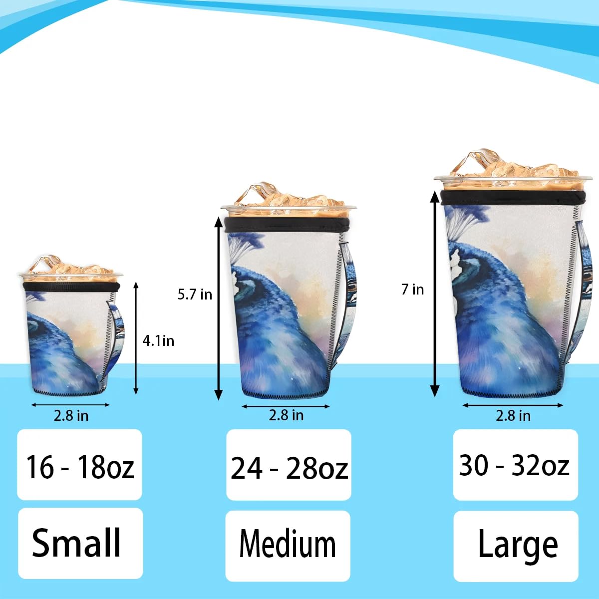 Watercolor Peacock M Reusable Iced Insulator Coffee Sleeves Neoprene Insulated Sleeves With Handle Coffee Sleeves for Iced Coffee Cups Drinks