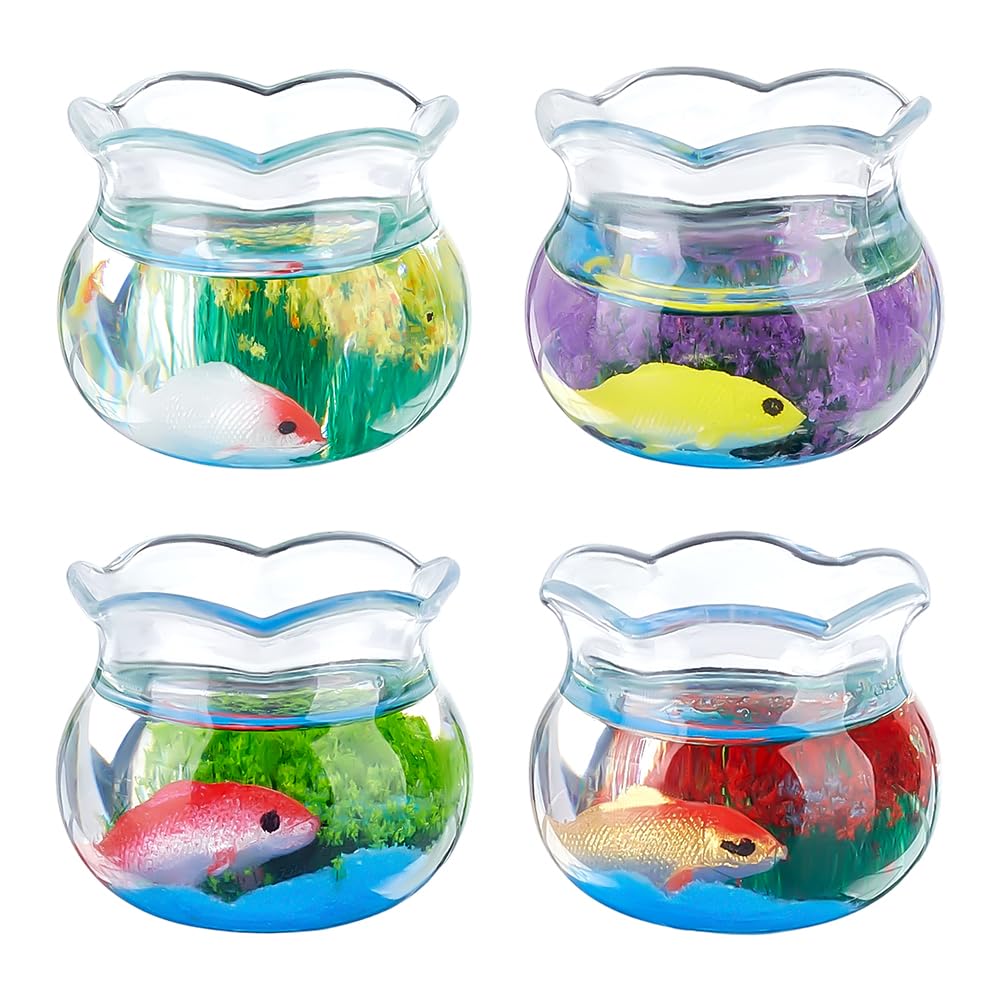 CRAFTYMELODY 4Pcs Miniature Fish Tank Miniature Fish Bowl Round Plastic Fishes Tanks with Goldfish Grass Fishes Tanks Accessories for Desktop Craft Project Home Garden Display Decor