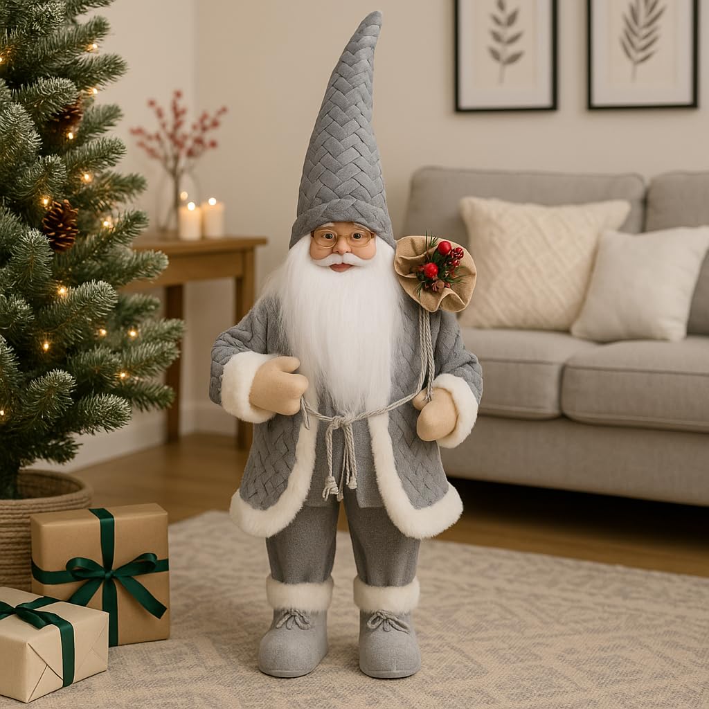 Marco Paul Interiors Grey Santa - 60Cm Marco Paul 60 Cm Grey Santa Claus Christmas Decoration - Soft Quilted Father Christmas Figure With Faux Fur Trim - Freestanding Indoor Xmas Ornament For Mantelpiece, Shelf & Modern Winter Home Décor